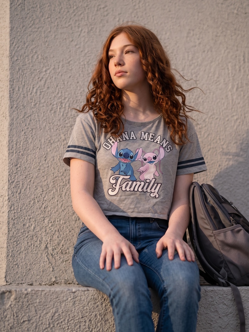 Disney Lilo & Stitch Ohana Means Family Cropped Tee Shirt Gray Stitch & Angel